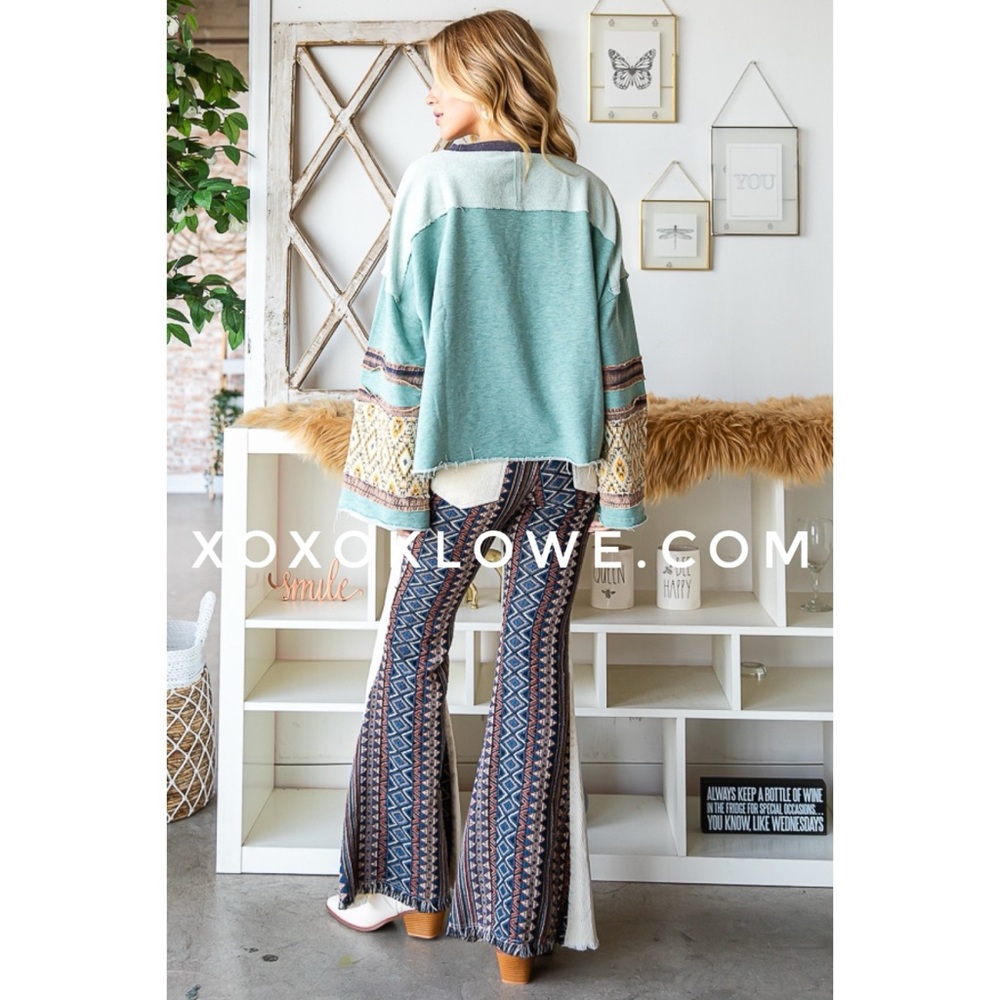 Oli & Hali Mixed Fabric Long Sleeve Top in Teal - Picture 8 of 10
